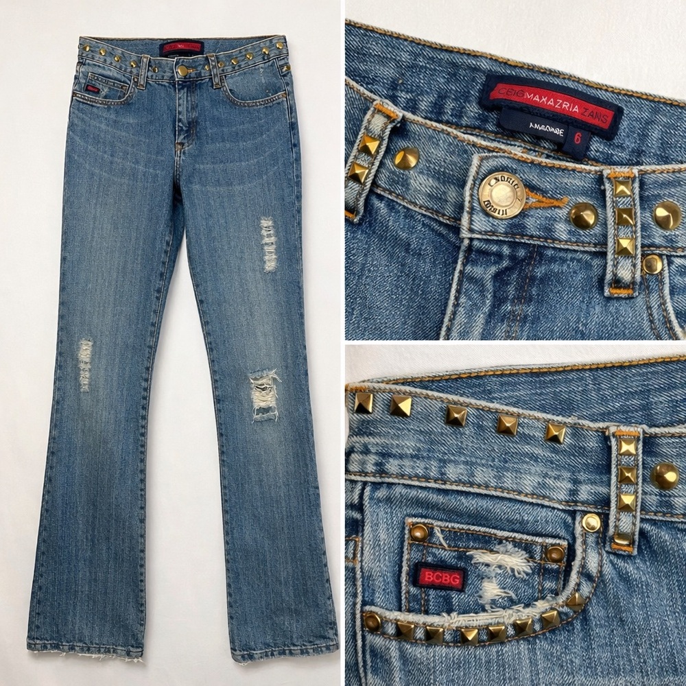 BCBG Maxazria Studded Bootcut Jeans Size 6 Y2K Low Rise Distressed Denim Grunge